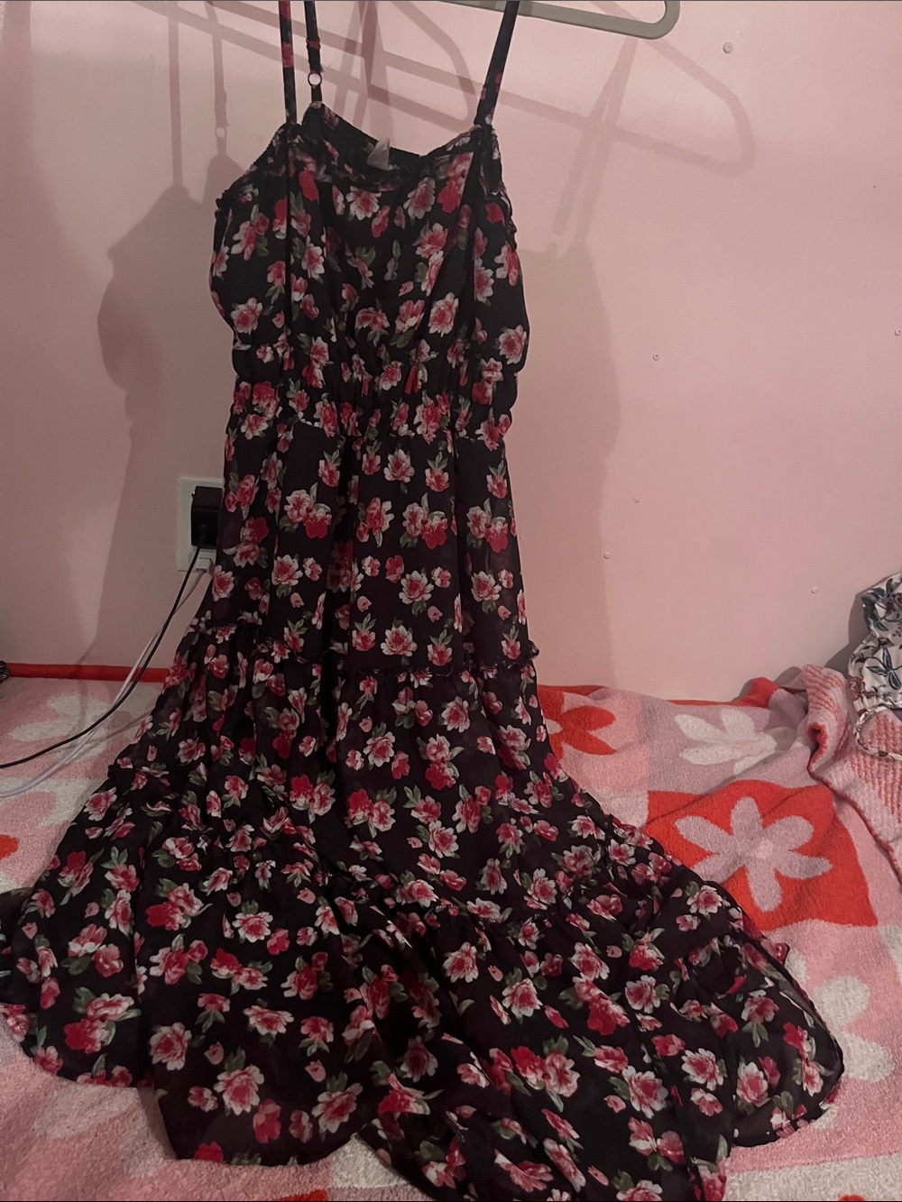 NO BOUNDARIES Floral Black & Pink Maxi Sundress with Spaghetti Straps